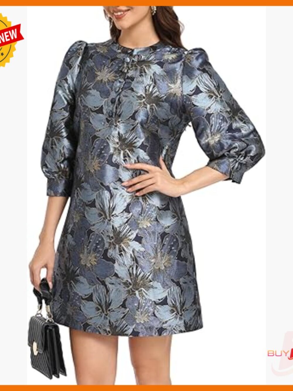 Floral Jacquard Shift Mini Dress With Puff Sleeves And Button Front